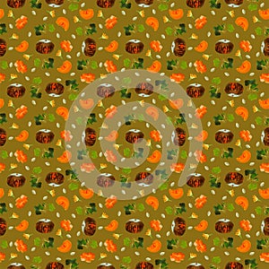 Pattern with dark pumpkin and pumpkin flowers.